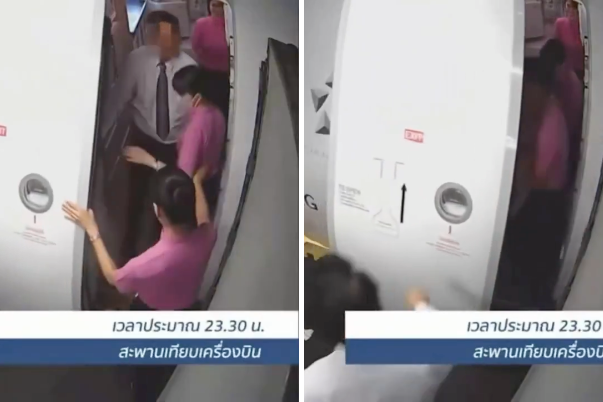 a collage of thai airways cabin crew shutting an airplane cabin door on passengers