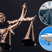 a montage of justice with two photos depicting a plane and an airplane cabin
