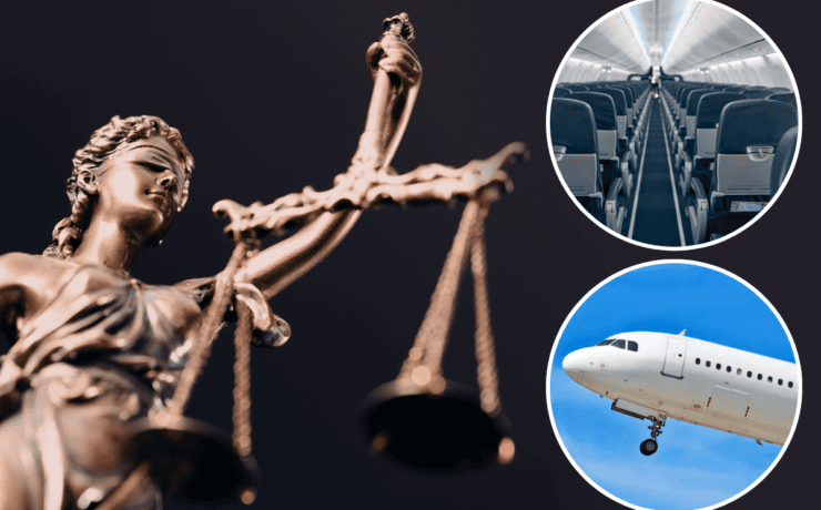 a montage of justice with two photos depicting a plane and an airplane cabin