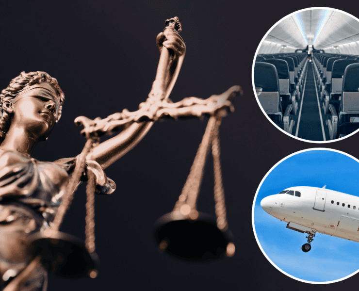 a montage of justice with two photos depicting a plane and an airplane cabin
