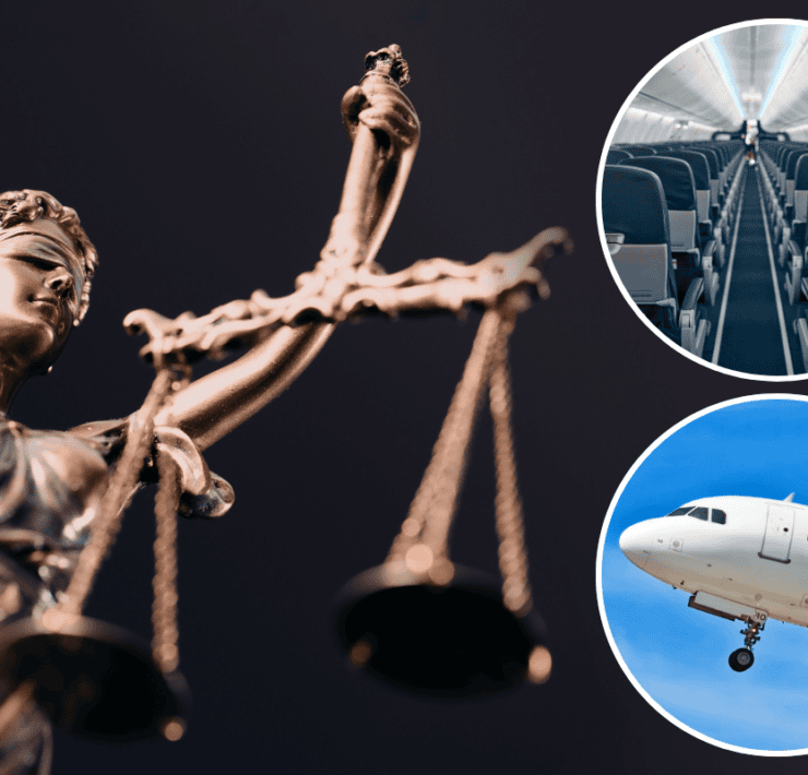 a montage of justice with two photos depicting a plane and an airplane cabin
