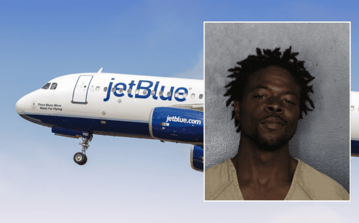 a collage of a man and a jetblue plane