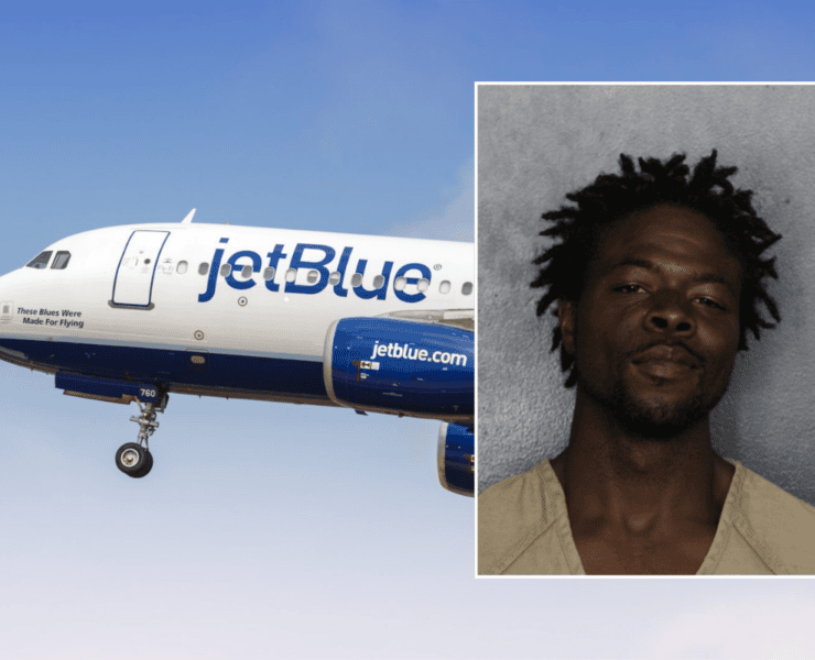a collage of a man and a jetblue plane