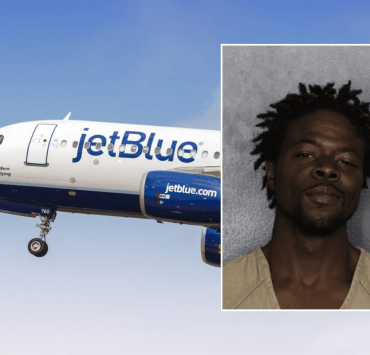 a collage of a man and a jetblue plane