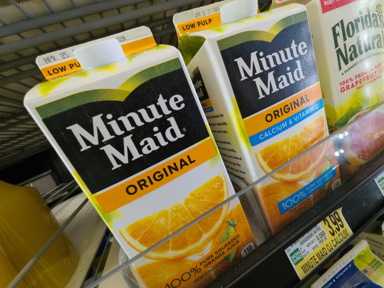 minutes juices lined up in a supermarket